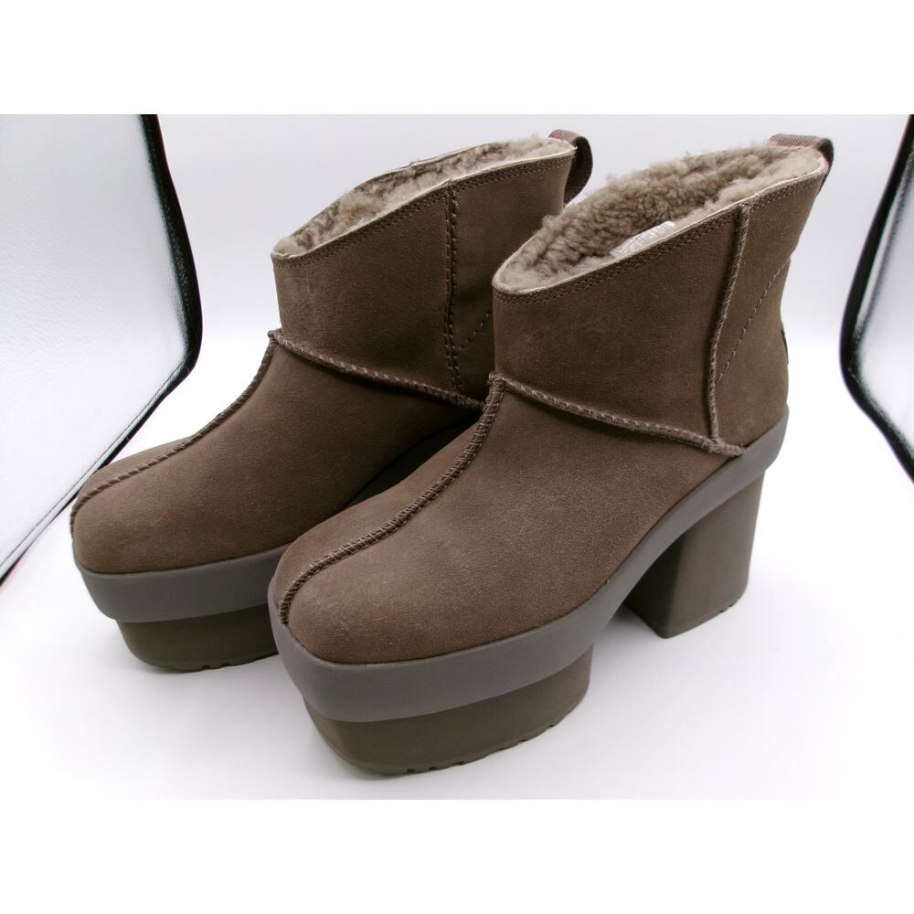 UGG New Heights Platform Mini Boots Hickory Shearling Size 8 - Picture 3 of 9